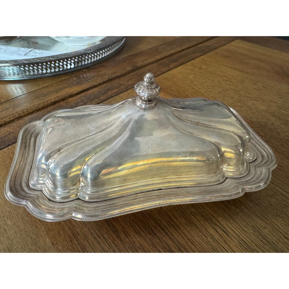Vintage Silver Plate Covered Butter Dish Rectangular Cloche Server